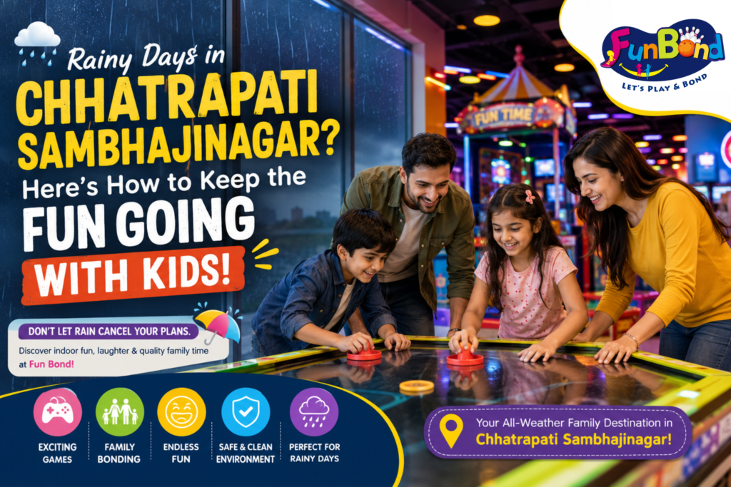 Family enjoying arcade games at Fun Bond indoor entertainment center during a rainy day in Chhatrapati Sambhajinagar (Aurangabad).