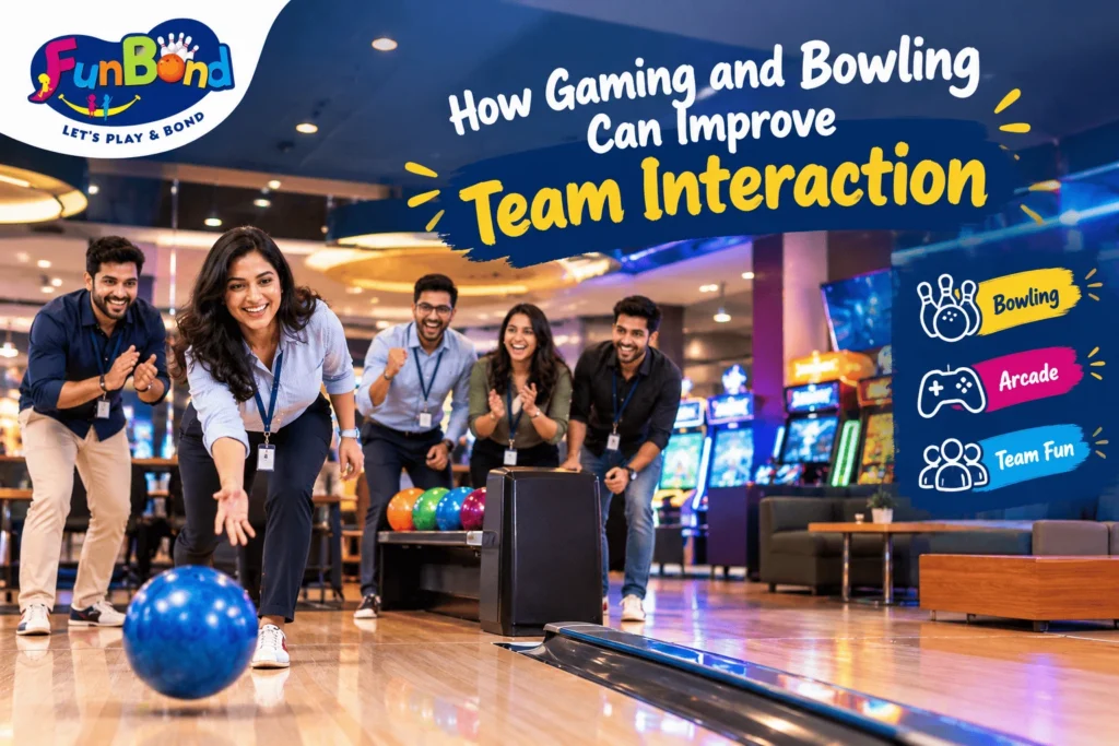 Corporate team enjoying bowling and arcade games at FunBond