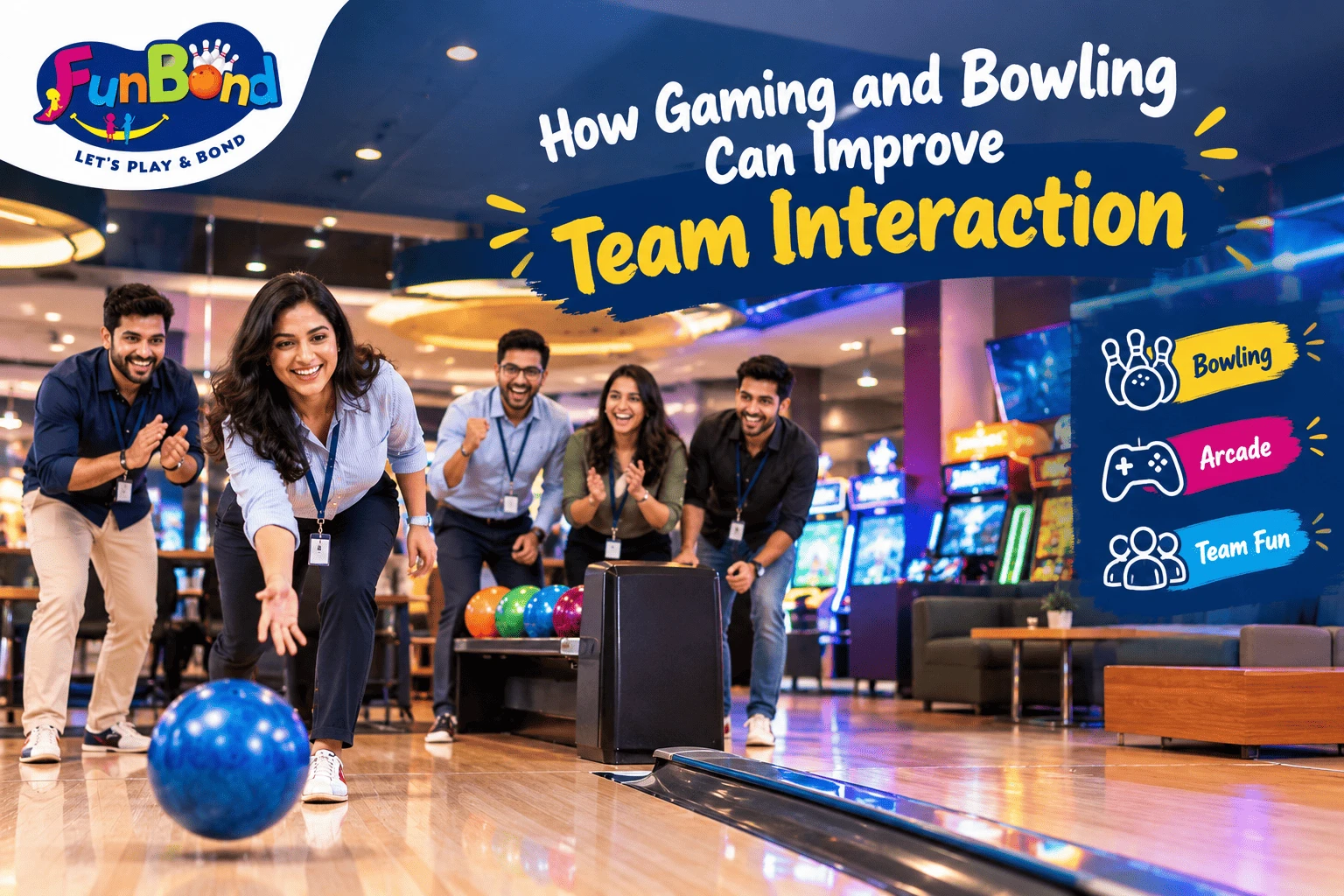 Corporate team enjoying bowling and arcade games at FunBond